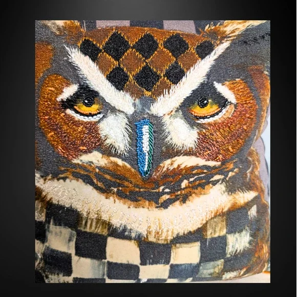 MacKenzie Childs Check Owl Pillow Autumnology 18 x 18 - Picture 2 of 6